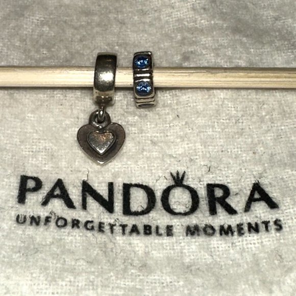 (2) Authentic Pandora Charm Spacers Blue CZ Stones Dangle Heart Sliver 925 ALE - Picture 1 of 7